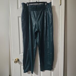 Rye Grass Faux Leather Paperbag Waist Pull On Wide Leg Pants, Dark Teal Green.